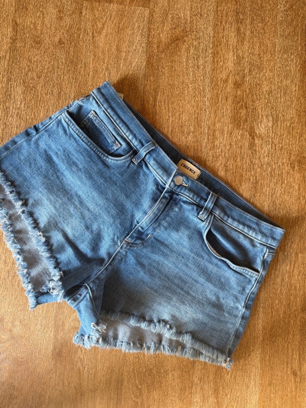 L'AGENCE Light Blue Frayed Hem Denim Shorts